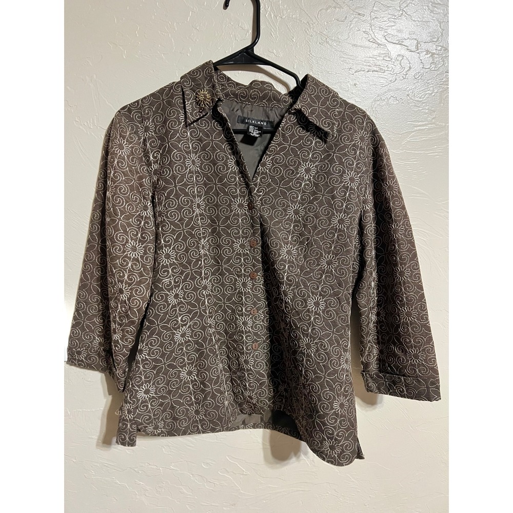SILKLAND Brown Floral Embroidered 3/4‎ Sleeve Collar Button Down Shirt Womens L